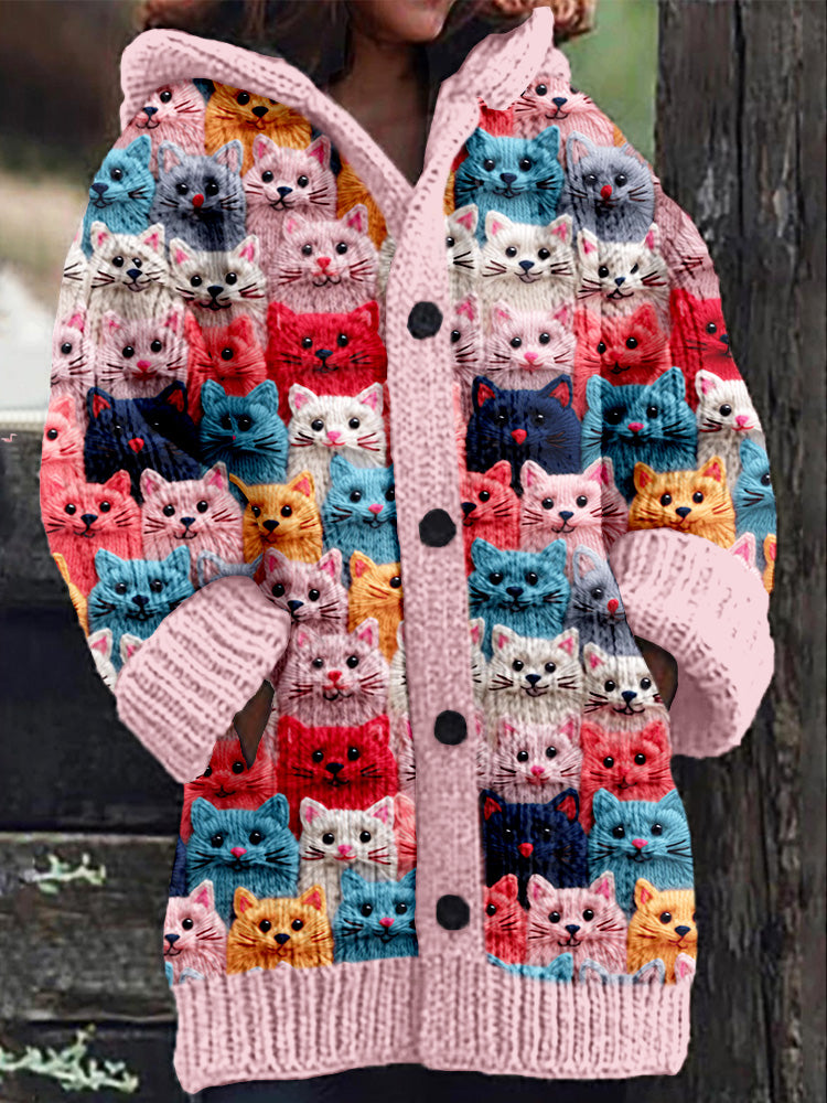 LM | Knitted coat with button placket and playful cat print