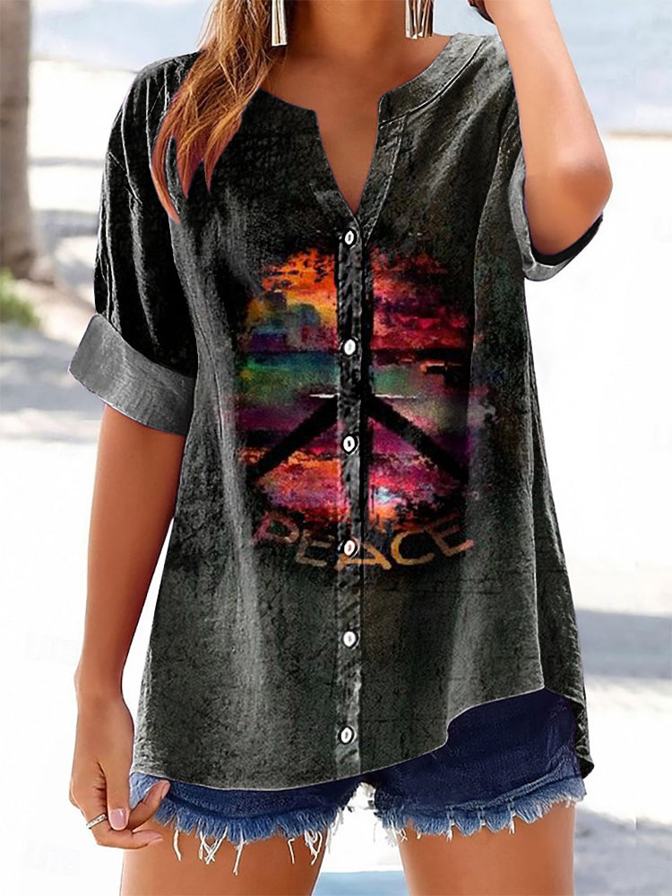 Women's Hippie Peace Love Art Print Casual Cotton And Linen Shirt