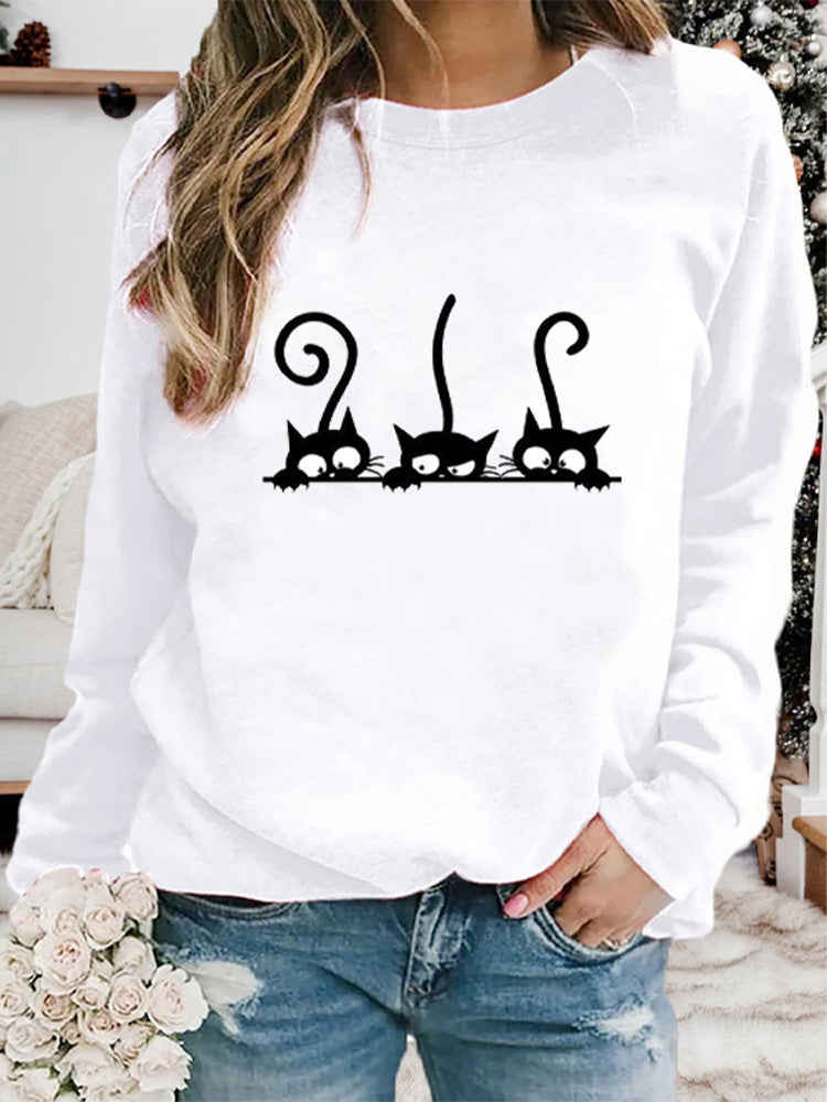 Women's Casual Black Cat Print Sweatshirt elevenforest