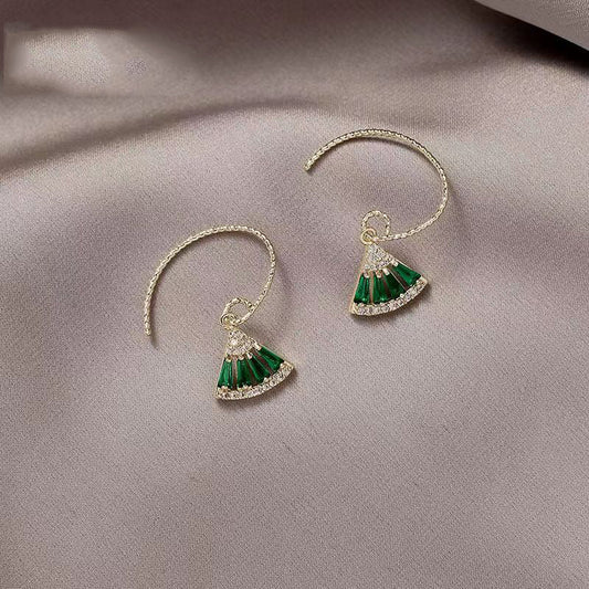 Green Sterling Silver Overgild Zircon Fan Shaped Hoop Earrings