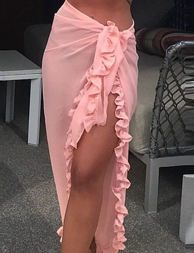 Normal Swimwear Cover Up Swim Shorts Wrap Swimsuit Ruffle Vacation Pure Color Bathing Suits