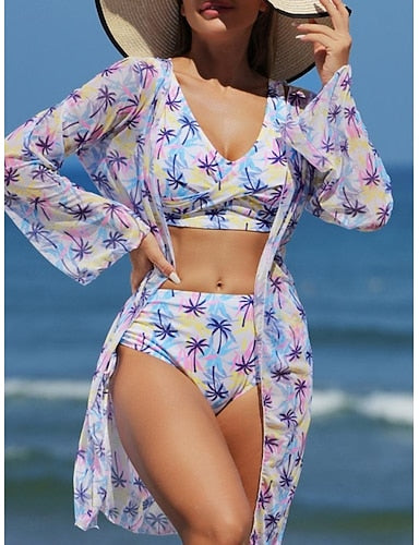 Bikini 3 Piece Swimsuit Palm Cheeky Slim Backless Vacation Beach Wear V Neck Sleeveless Bathing Suits