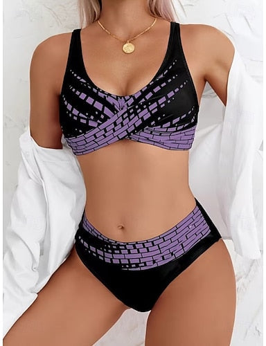 Bikini 2 Piece Swimsuit High Waist Stylish Graphic Striped V Neck Sleeveless Bathing Suits