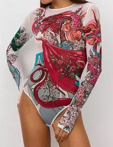 Rash Guard Bathing Suit One Piece Swimsuits Graphic Mesh Uv Protection Breathable Long Sleeve Swimwear Surfing Beach Vacation Spring