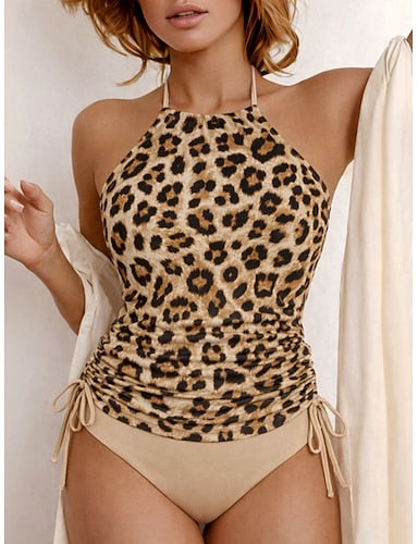 Swimwear Tankini 2 Piece Cheeky Swimsuit Drawstring Vacation Beach Wear Graphic Halter Neck Sleeveless Bathing Suits