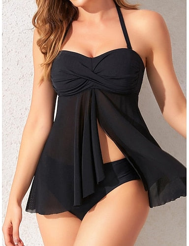 Tankini 2 Piece Swimsuit Underwire Colorblock Cheeky Tummy Control High Waist Slim Backless Vacation Beach Wear Striped Strapless Sleeveless Bathing Suits
