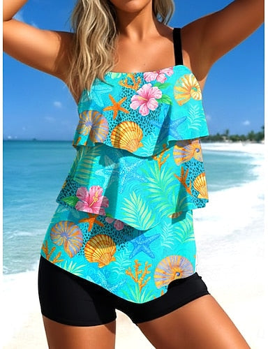 Tankini 2 Piece Swimsuit Palm High Waist Ruffle Layered Backless Vacation Beach Wear Ombre Graphic U Neck Sleeveless Bathing Suits