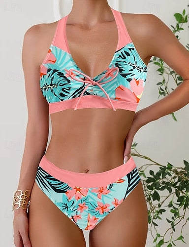 Swimwear 2 Piece Cheeky Swimsuit Backless Vacation Beach Wear Halter Neck Sleeveless Bathing Suits