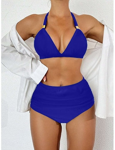 Bikini 2 Piece Swimsuit Briefs Slim Backless Vacation Beach Wear Color Halter Neck Sleeveless Bathing Suits