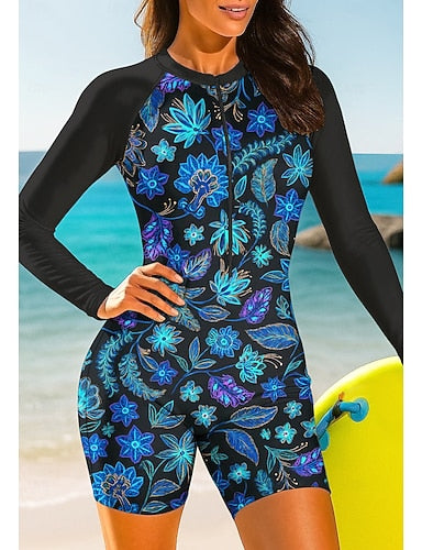 Regular Rash Guard Bathing Suit Athletic Swimwear Paisley Tropical Removable Pad Front Zip Boyleg Uv Sun Protection Upf50+ Stretchy Long Sleeve Swimwear Bodysuit Surfing Beach Water