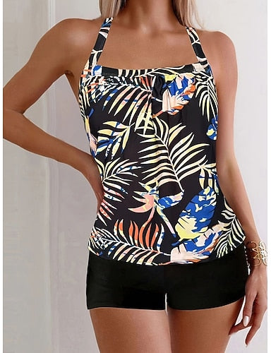 Tankini 2 Piece Swimsuit Palm Shorts Tummy Control High Waist Slim Backless Vacation Beach Wear Scoop Neck Sleeveless Bathing Suits