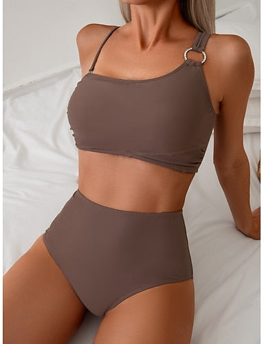 Bikini 2 Piece Swimsuit Cheeky Slim Backless Vacation Color Halter Neck Sleeveless Bathing Suits