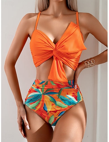 Swimwear Bikini 2 Piece High Waist Swimsuit Ruched Vacation Beach Wear Graphic V Neck Sleeveless Bathing Suits