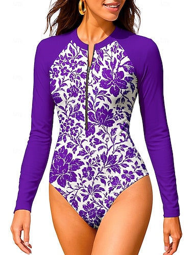 Standard Rash Guard Bathing Suit One Piece Swimsuit Tropical Color-blocking With Built in Bra Upf50+ Uv Protection Stretchy Long Sleeve Swimwear Bodysuit Surfing Beach Water Sports