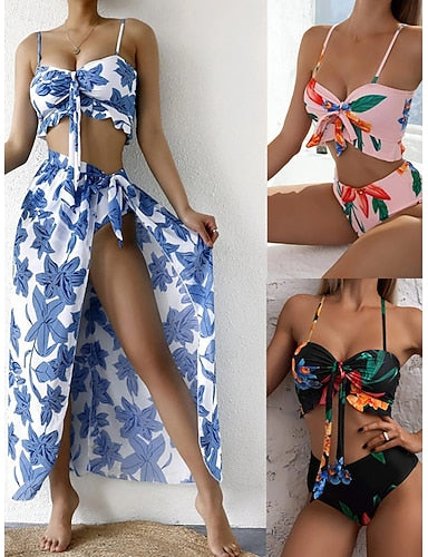 Swimwear Bikini Three Piece Briefs Swimsuit Ruched Vacation Beach Wear Graphic V Neck Sleeveless Bathing Suits