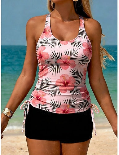Swimwear Tankini 2 Piece High Waist Swimsuit Tummy Control High Waist Slim Backless Vacation Beach Wear U Neck Sleeveless Bathing Suits