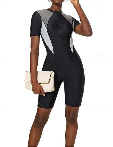 Rash Guard One Pieces Patchwork Zip Up Boyleg Knee Length Uv Protection Elastic Short Sleeve Swimwear Swimsuit Surfing Snorkeling Swimming Summer