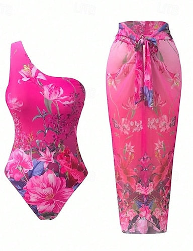 Swimwear 2 Piece Monokini Skirt Swimsuit Tummy Control High Waist Slim Backless Vacation Beach Wear Asymmetric Neck Sleeveless Bathing Suits