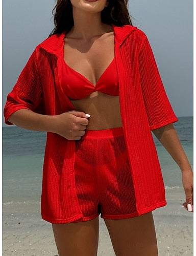 Swimwear Bikini Three Piece Thong Swimsuit Slim Backless Vacation Beach Wear Color V Neck Sleeveless Bathing Suits