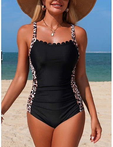 Swimwear Bikini 2 Piece Swimsuit Slim Backless Vacation Beach Wear Leopard Scoop Neck Sleeveless Bathing Suits