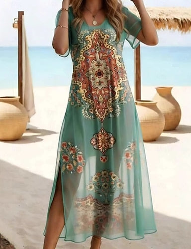 Swimwear One Piece Cover Up Rash Guard Swimdresses Dress Swimsuit Vacation Graphic V Neck Short Sleeves Bathing Suits