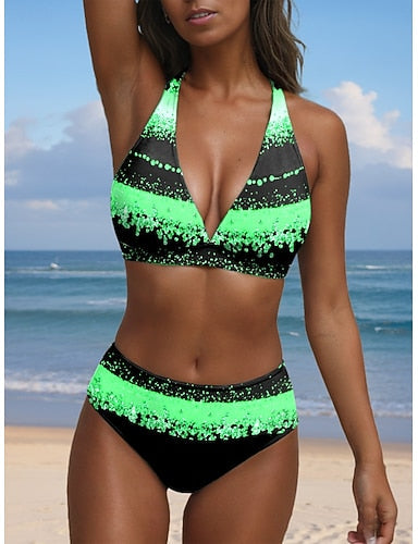 Bikini 2 Piece Swimsuit Cheeky Halter Ombre Geometric V Wire Sleeveless Bathing Suits