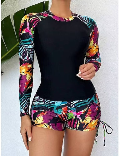 Tankini 2 Piece Swimsuit Ruched Palm Shorts Tummy Control High Waist Slim Backless Vacation Beach Wear Leaves Round Neck Long Sleeve Bathing Suits