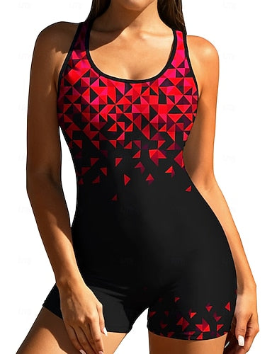Standard Rash Guard One Piece Surfing Suit Bathing Suit Geometric Color-blocking With Built in Bra Boyleg Brief Leg Uv Protection Stretchy Sleeveless Surfing Snorkeling Water Sports Summer
