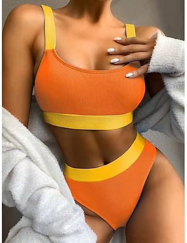 Swimwear Bikini 2 Piece High Waist Swimsuit Patchwork Slim Backless Vacation Beach Wear Stripe U Neck Sleeveless Bathing Suits