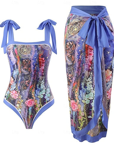 One Piece Swimsuit Monokini Skirt Tummy Control High Waist Slim Backless Vacation Beach Wear Graphic Halter Neck Sleeveless Bathing Suits