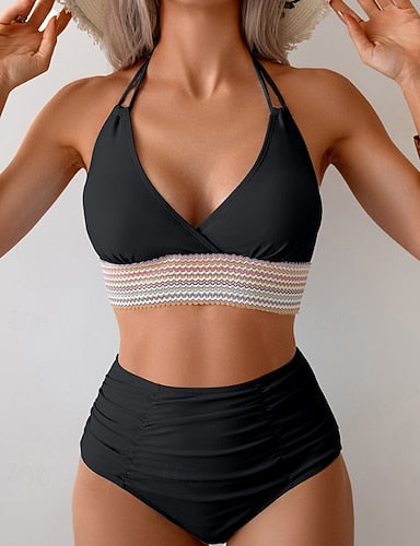 Swimwear 2 Piece Cheeky Swimsuit Ruched Backless Vacation Beach Wear Plain Halter Neck Sleeveless Bathing Suits