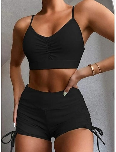 Bikini 2 Piece Swimsuit Ruched Underwire Shorts Slim Backless Vacation Beach Wear Color V Neck Sleeveless Bathing Suits