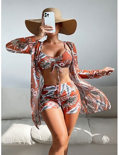 Bikini 3 Piece Swimsuit Palm Boy Leg Slim Backless Vacation Beach Wear Halter Neck Sleeveless Long Sleeve Bathing Suits