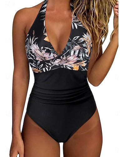 One Piece Swimsuit Ruched Leopard Monokini Tummy Control High Waist Slim Backless Vacation Beach Wear Halter Neck Sleeveless Bathing Suits