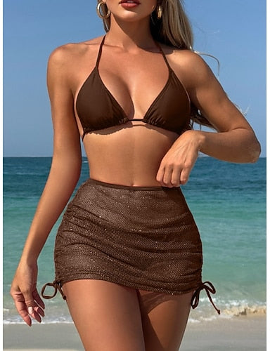 Bikini 3 Piece Swimsuit Underwire Skirt Slim Backless Vacation Beach Wear Color Halter Neck Sleeveless Bathing Suits
