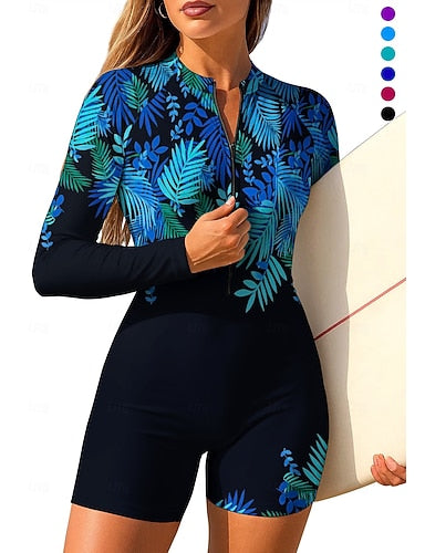 Rash Guard One Piece Surfing Suit Bathing Suit Tropical Color-blocking Zip Up With Built in Bra Removable Pad Uv Sun Protection Upf50+ Ultra Light (ul) Long Sleeve Swimwear Sun Shirt