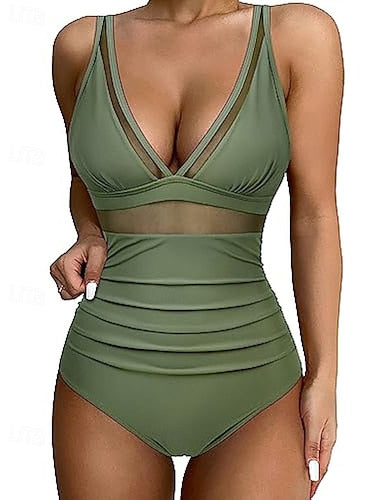 Swimwear One Piece Bikini Shorts Swimsuit Mesh Backless Vacation Beach Wear Color V Neck Sleeveless Bathing Suits