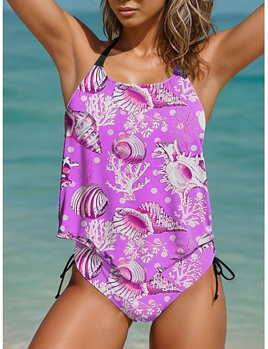 Tankini 2 Piece Swimsuit Cheeky Backless Vacation Beach Wear Graphic U Neck Sleeveless Bathing Suits