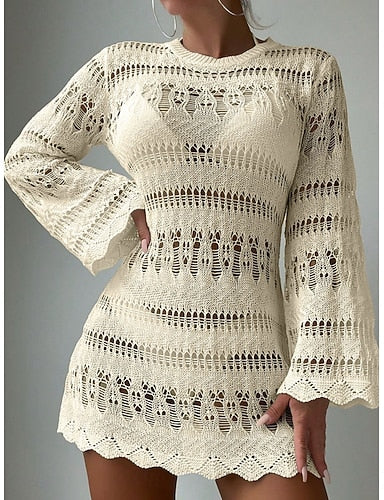 Cover Up Swimsuit Dress Cut Out Vacation Beach Wear Color Round Neck Long Sleeve Bathing Suits