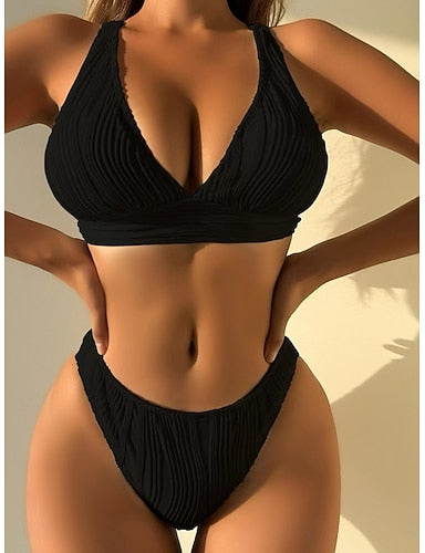 Bikini 2 Piece Swimsuit Underwire Thong Slim Backless Vacation Beach Wear Color V Neck Sleeveless Bathing Suits