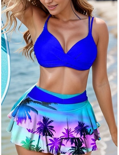 Bikini 2 Piece Swimsuit Ruched Underwire With Skirt Palm Skirt Slim Backless Vacation Beach Wear V Neck Sleeveless Bathing Suits