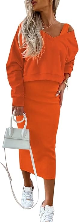LM | Loose V-neck sweater + knitted wrap skirt set with a slim fit at the hips