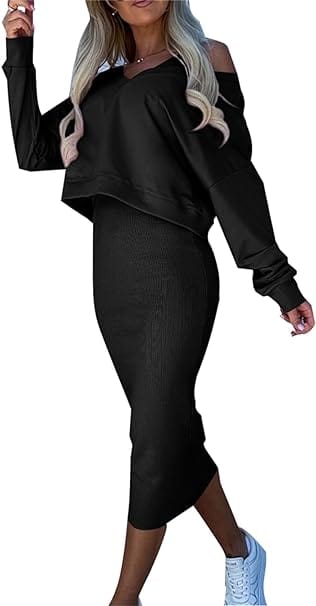 LM | Loose V-neck sweater + knitted wrap skirt set with a slim fit at the hips