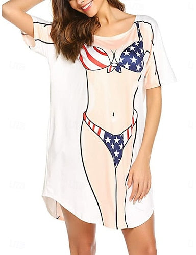 Swimdress Swimsuit Dress Vacation Beach Wear Graphic Flag Round Neck Long Sleeve Bathing Suits