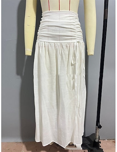 Maxi High Waist Skirts Plain Ruched Patchwork Split Ends Stretchy Daily Beach Apricot Black White Green Summer Cotton Polyester