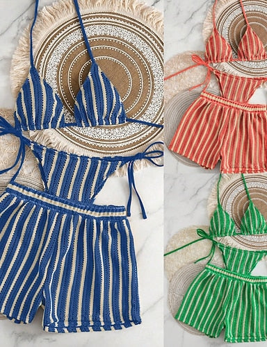 Bikini 2 Piece Swimsuit Thong Slim Backless Vacation Beach Wear Striped Halter Neck Sleeveless Bathing Suits