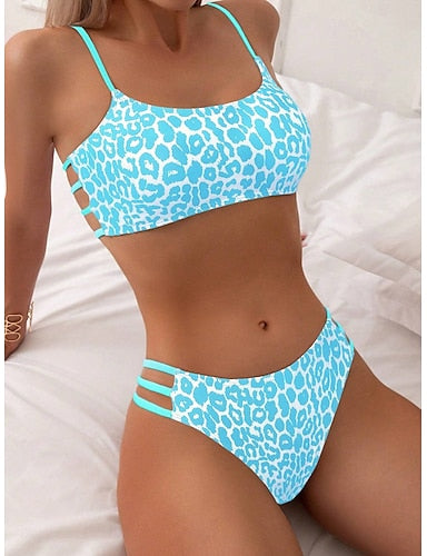 Swimwear Bikini 2 Piece Cheeky Swimsuit Backless Slim Vacation Beach Wear Leopard Strapless Sleeveless Bathing Suits