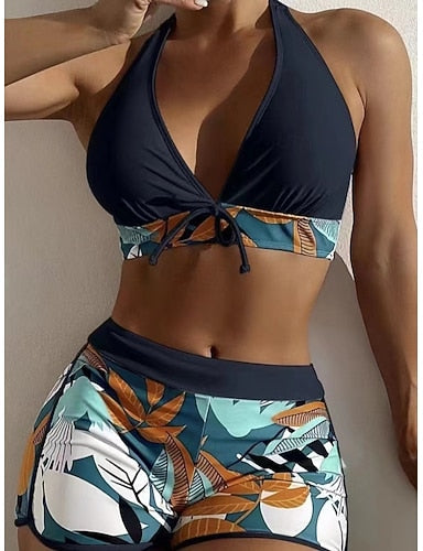 Bikini 2 Piece Swimsuit Shorts Slim Backless Vacation Beach Wear Halter Neck Sleeveless Bathing Suits