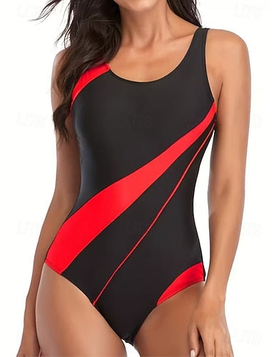 One Piece Swimsuit Slimming Colorblock Monokini Briefs Tummy Control High Waist Slim Backless Vacation Ombre Graphic U Neck Sleeveless Bathing Suits