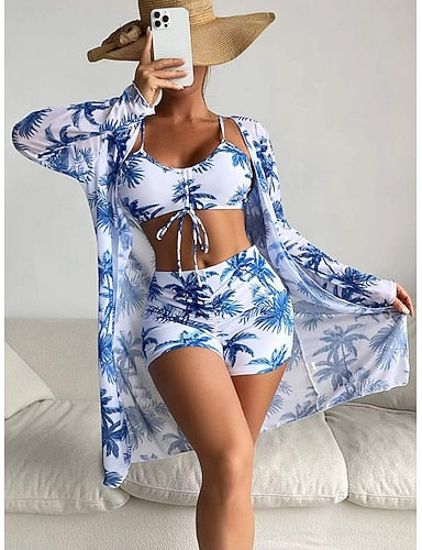 Bikini 3 Piece Swimsuit Palm Boy Leg Slim Backless Vacation Beach Wear Halter Neck Sleeveless Long Sleeve Bathing Suits
